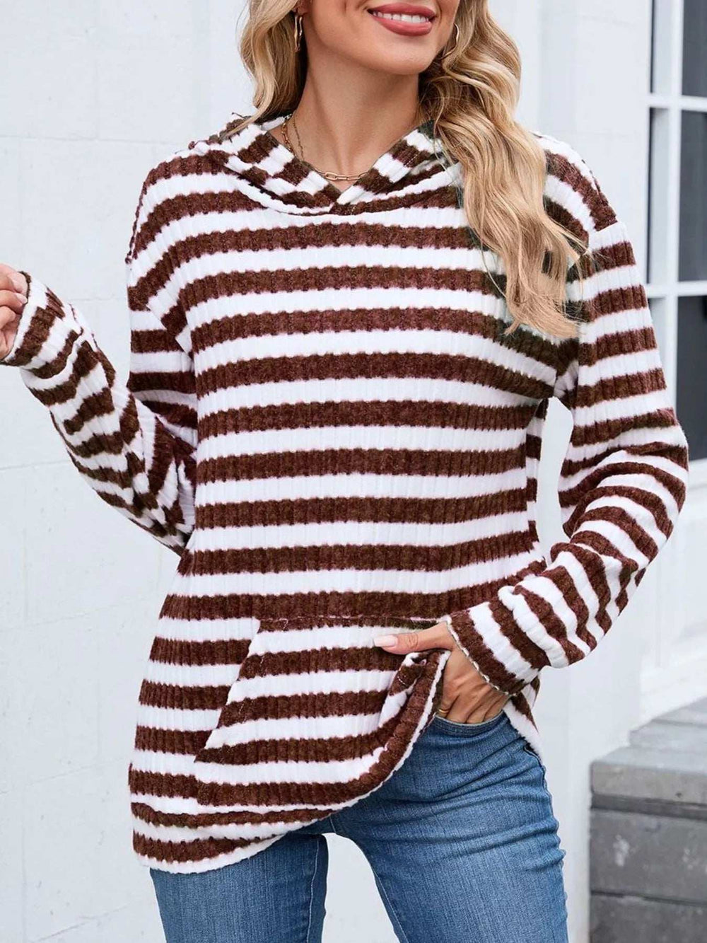 Striped Dropped Shoulder Hoodie - Trendsi - Flyclothing LLC