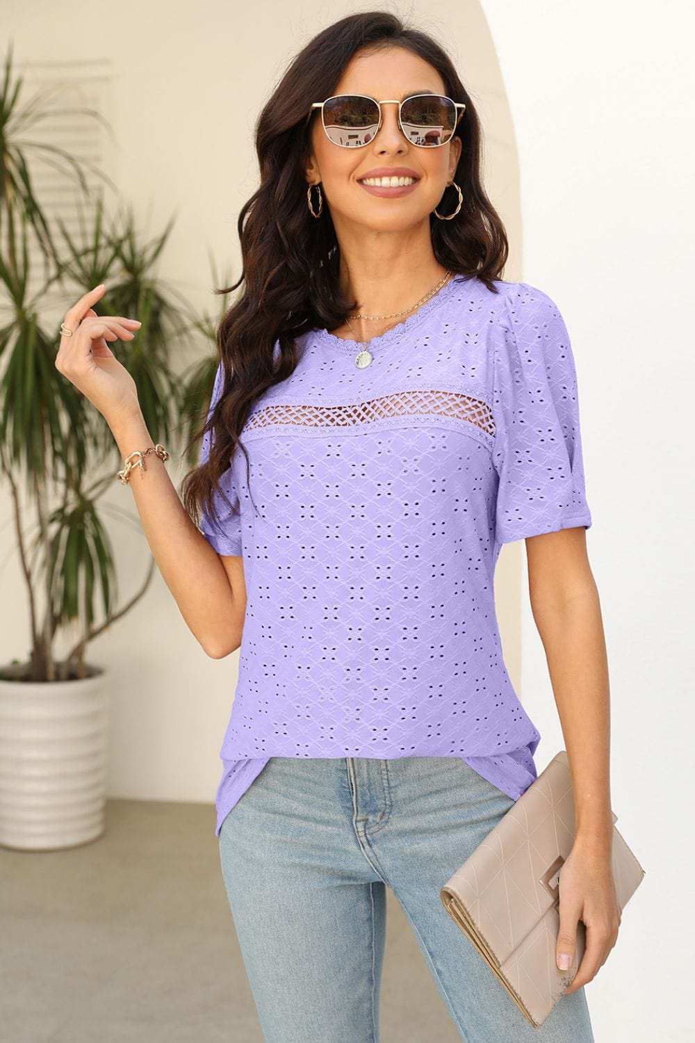 Eyelet Round Neck Short Sleeve T-Shirt - Trendsi - Flyclothing LLC