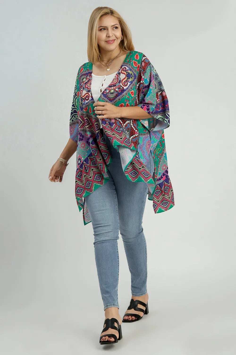 Umgee Full Size Mixed Print Ruffle Hem Open Front Cover Up Plus Size - Trendsi - Flyclothing LLC