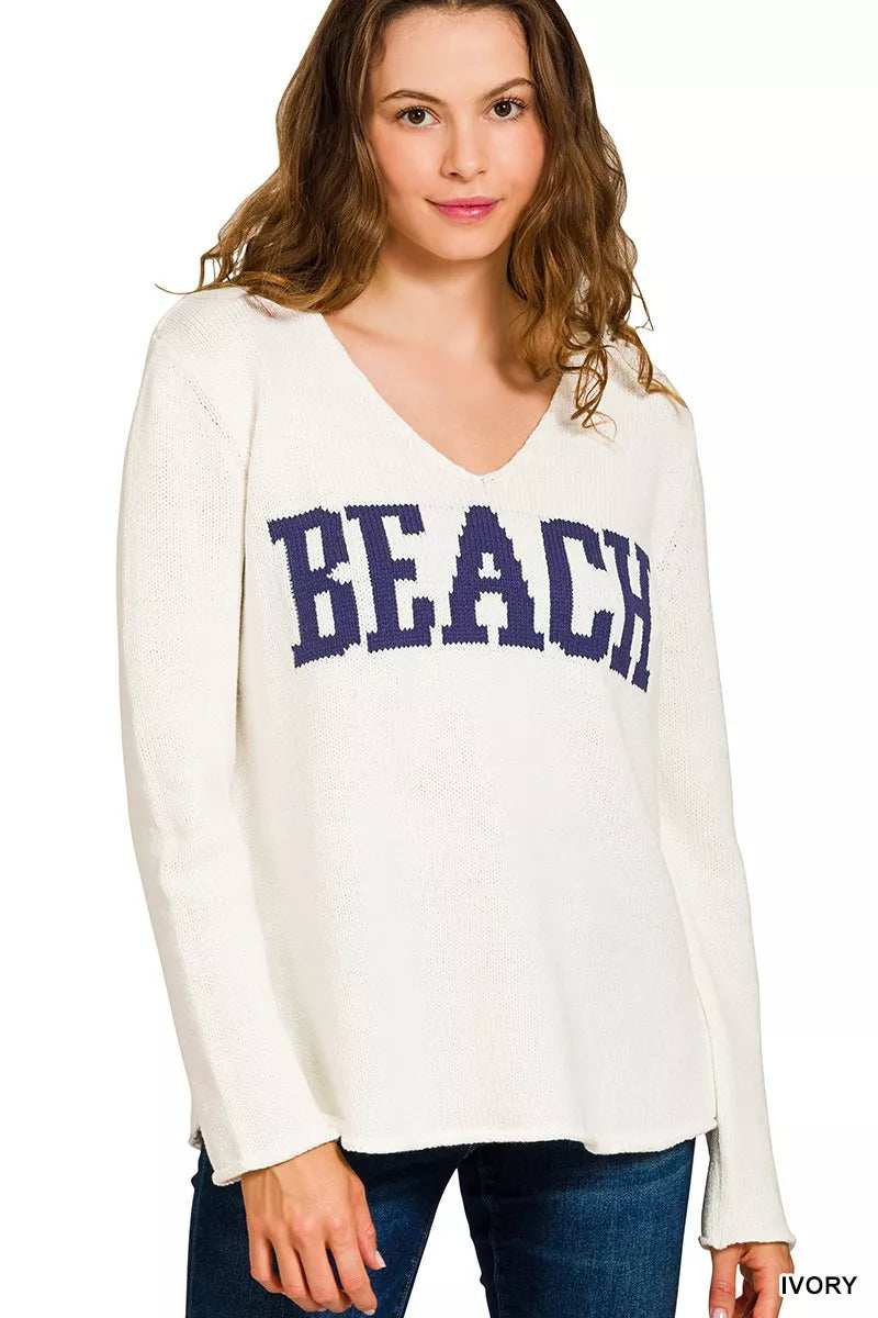 Zenana Beach V Neck Sweater - Trendsi - Flyclothing LLC