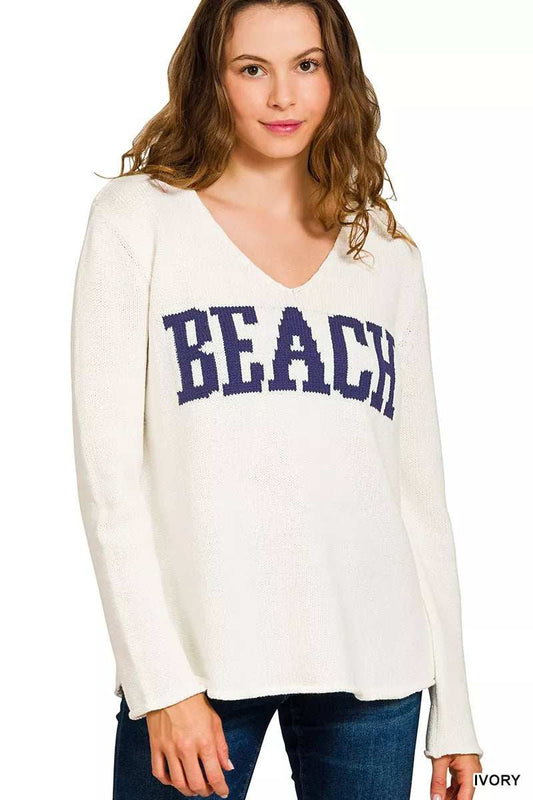 Zenana Beach V Neck Sweater - Trendsi - Flyclothing LLC