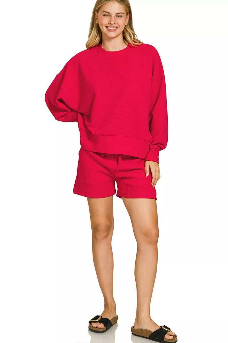 Zenana Ribbed Round Neck Pullover and Shorts Set - Trendsi - Flyclothing LLC
