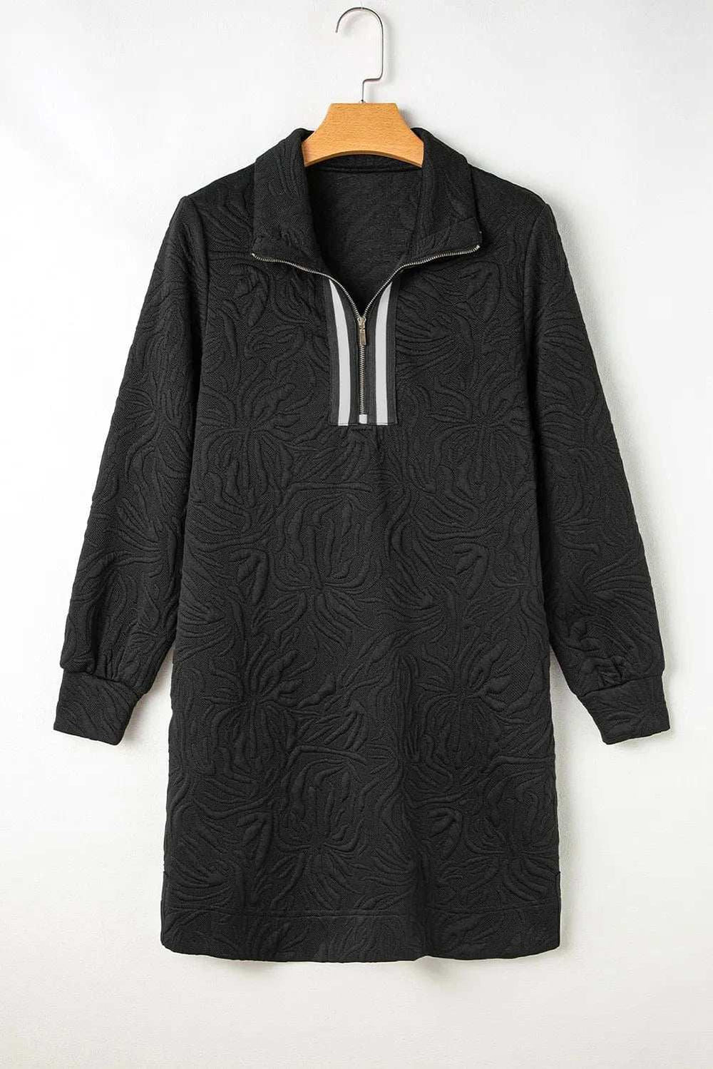 Texture Quarter Zip Long Sleeve Mini Dress - Trendsi - Flyclothing LLC