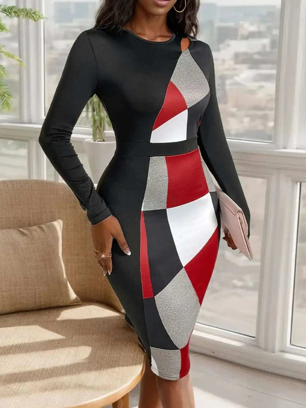 Cutout Color Block Round Neck Long Sleeve Dress - Trendsi - Flyclothing LLC