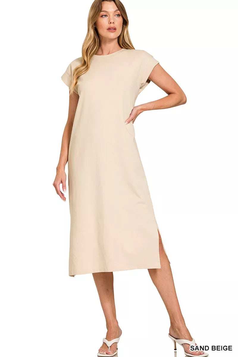 Zenana Round Neck Side Slit Midi Dress - Trendsi - Flyclothing LLC