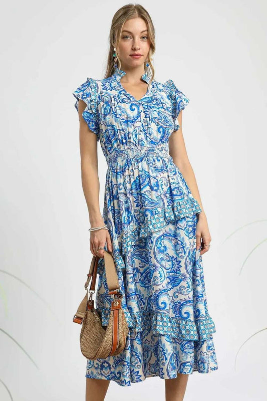 Umgee Paisley Print Ruffle Sleeve Midi Dress - Trendsi - Flyclothing LLC