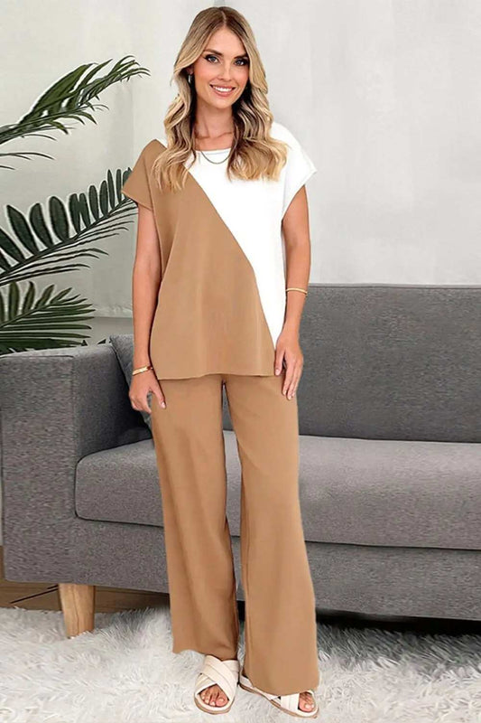 Two-Tone Round Neck Top and Pants Set - Trendsi - Flyclothing LLC