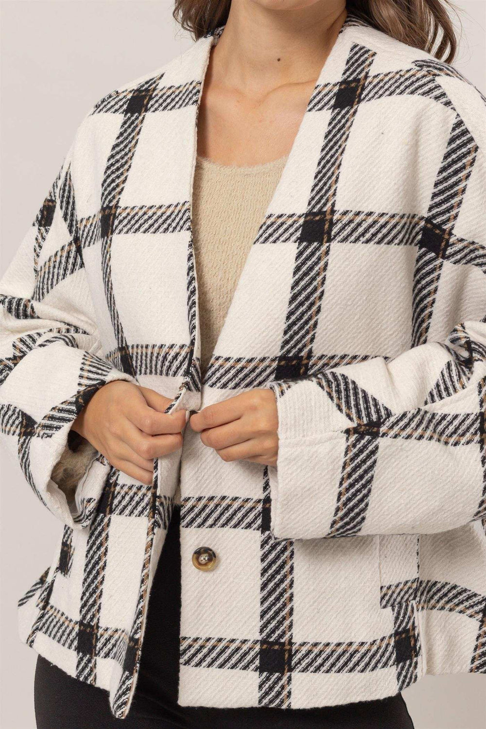 HYFVE Plaid Long Sleeve Jacket with Side Slit Pockets - Trendsi - Flyclothing LLC