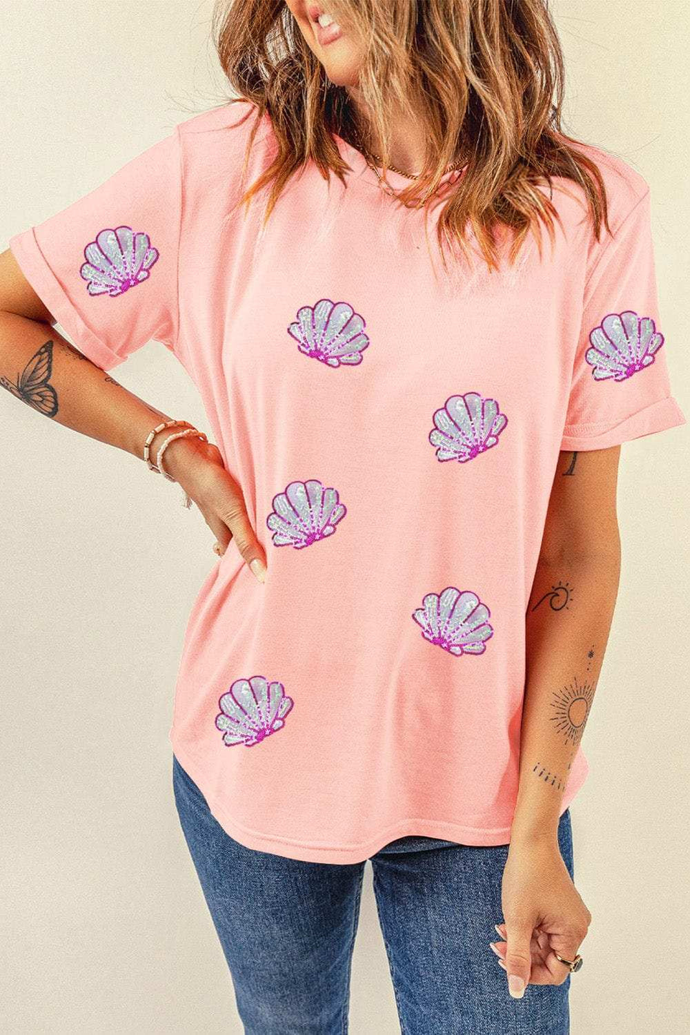 Shell Round Neck Short Sleeve T-Shirt - Trendsi - Flyclothing LLC