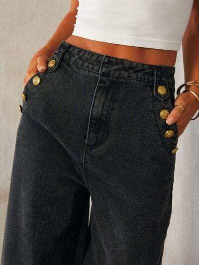 Button Decor High Rise Wide Leg Jeans - Trendsi - Flyclothing LLC