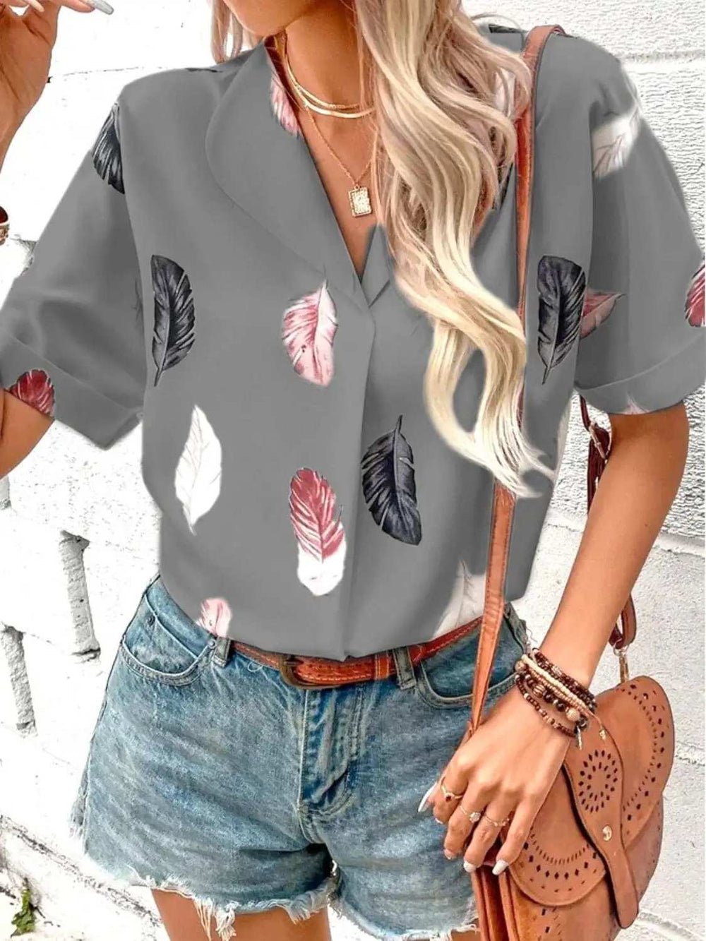 Full Size Printed Collared Neck Short Sleeve Blouse - Trendsi - Flyclothing LLC
