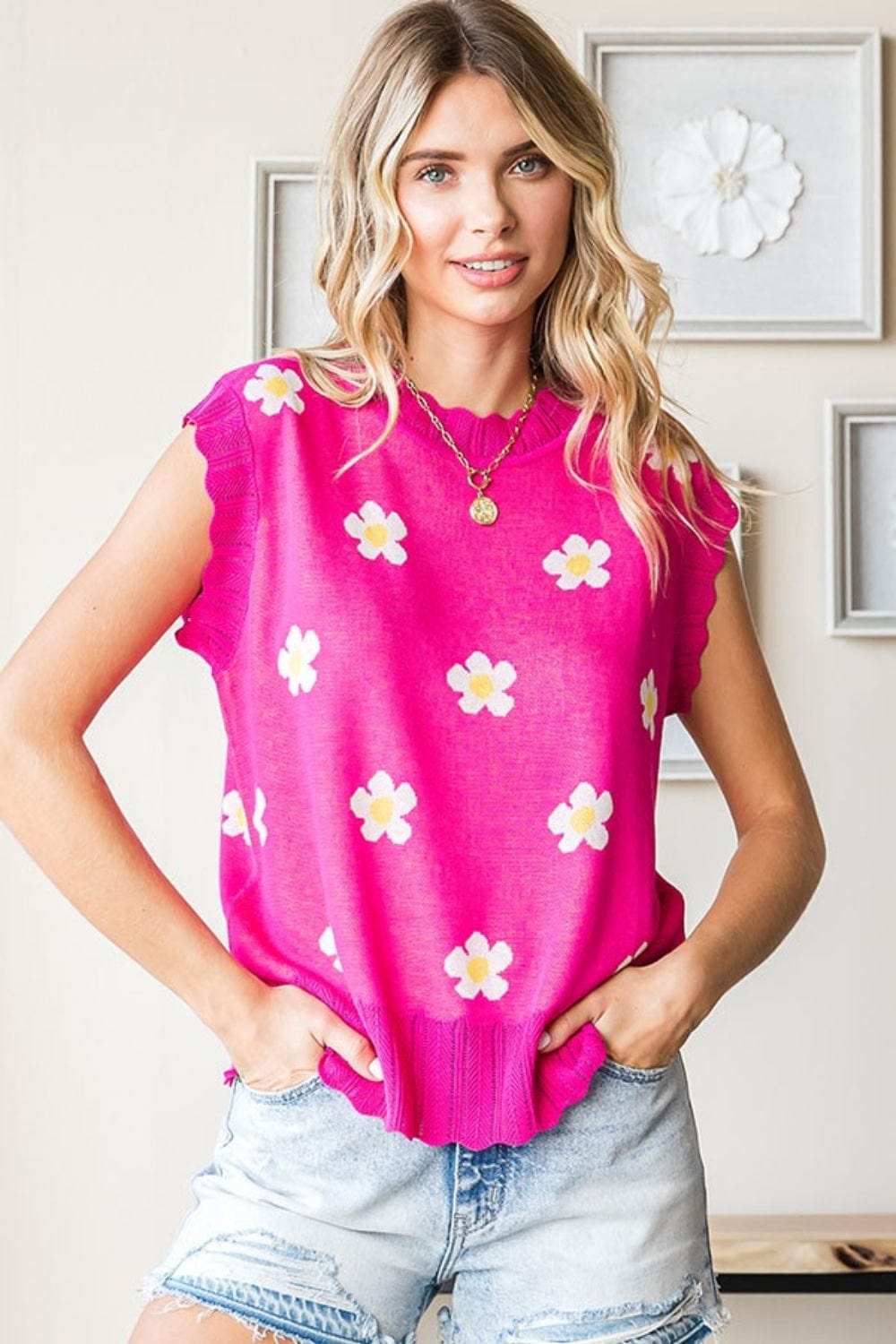 First Love Full Size Flower Pattern Round Neck Sweater Vest - Trendsi - Flyclothing LLC