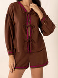 Tied V-Neck Long Sleeve Top and Shorts Set - Trendsi - Flyclothing LLC