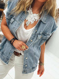 Button Flap Pocket Frayed Detail Denim Vest - Trendsi - Flyclothing LLC