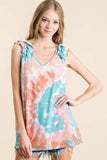 BiBi Circular Tie Dye Knit V Neck Top With Ruffle - Trendsi - Flyclothing LLC
