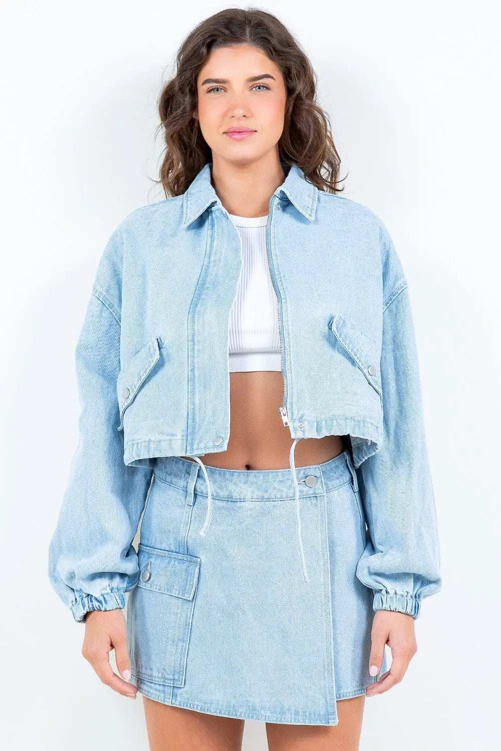 American Bazi Drawstring Waist Crop Denim Jacket - Trendsi - Flyclothing LLC
