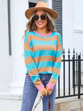 Striped Round Neck Dropped Shoulder Sweater - Trendsi - Flyclothing LLC