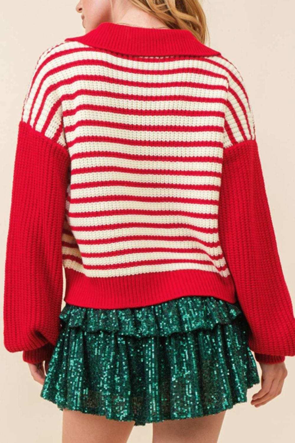 Striped Johnny Collar Long Sleeve Sweater - Trendsi - Flyclothing LLC