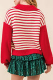 Striped Johnny Collar Long Sleeve Sweater - Trendsi - Flyclothing LLC