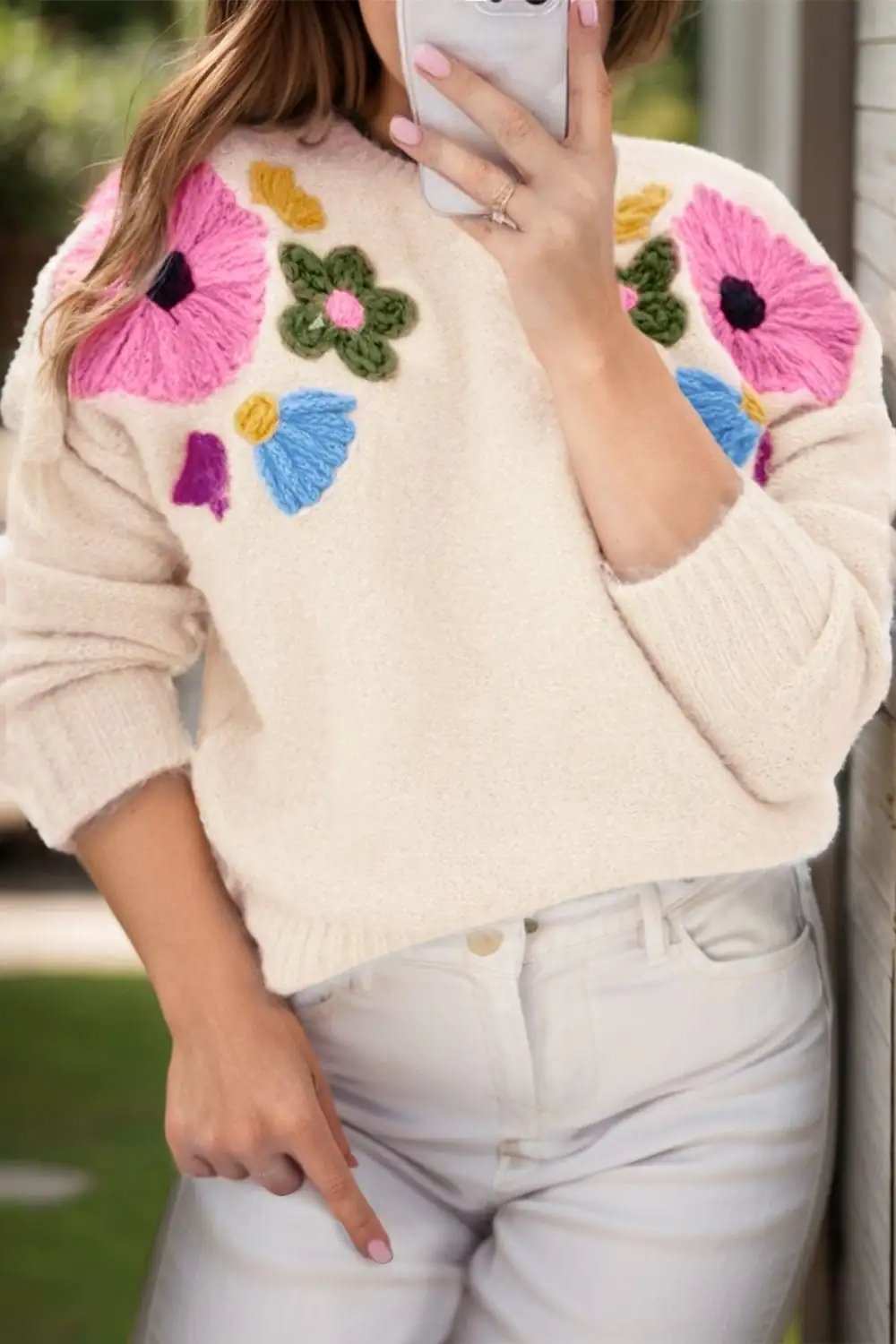Plus Size Crochet Flower Round Neck Long Sleeve Sweater - Trendsi - Flyclothing LLC