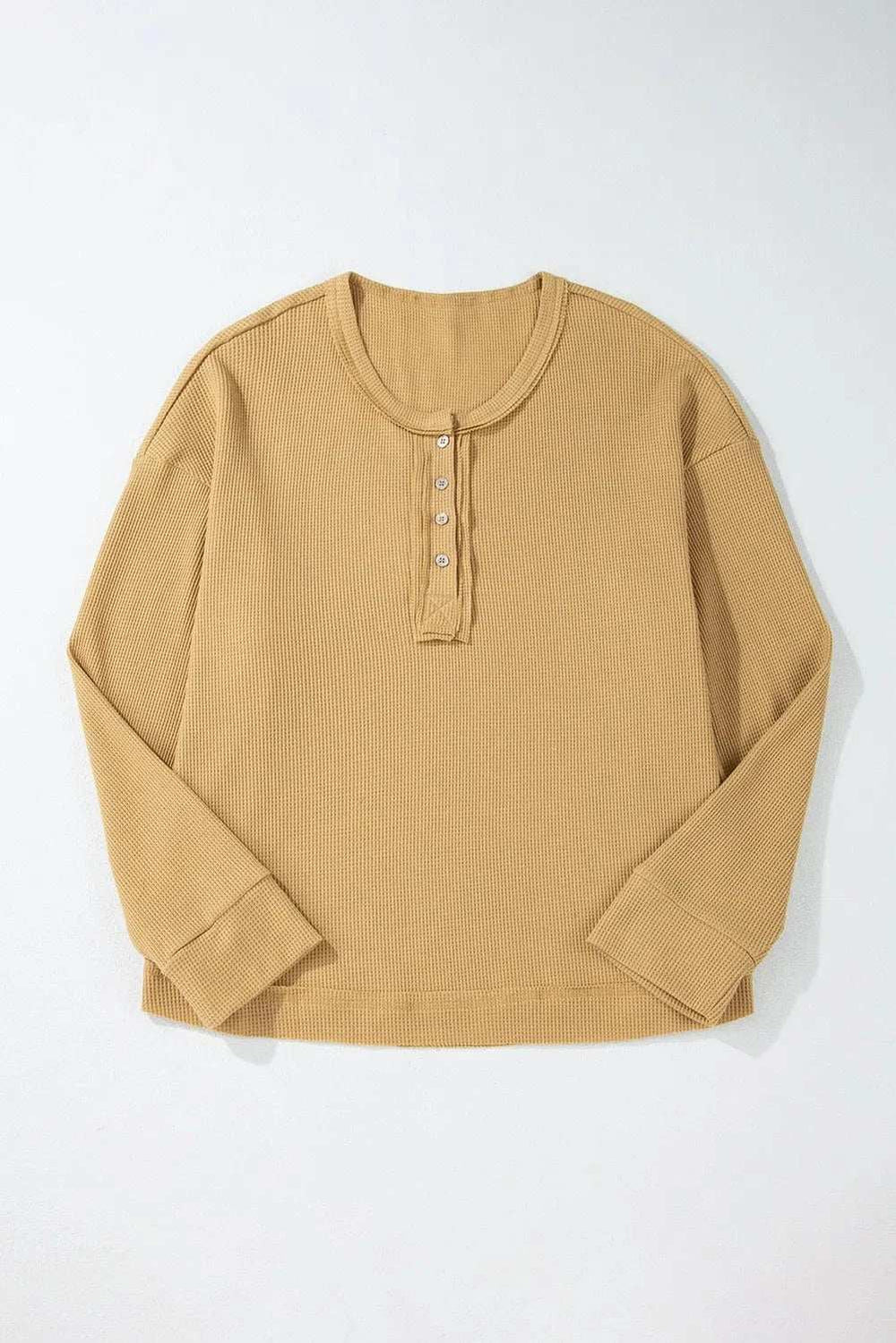 Waffle-Knit Half Button Round Neck Long Sleeve Top - Trendsi - Flyclothing LLC