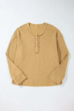 Waffle-Knit Half Button Round Neck Long Sleeve Top - Trendsi - Flyclothing LLC