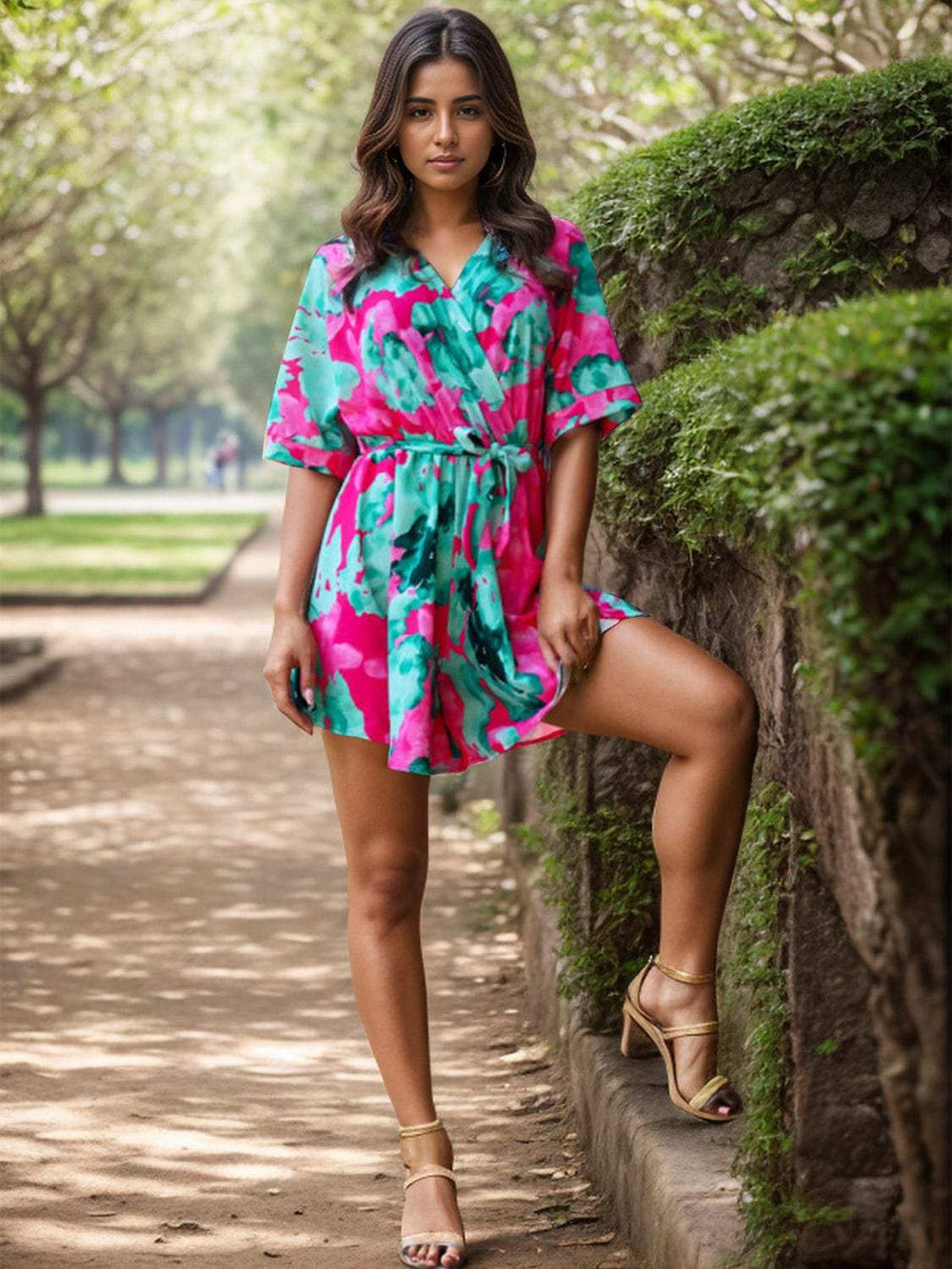 Printed Surplice Half Sleeve Romper - Trendsi - Flyclothing LLC