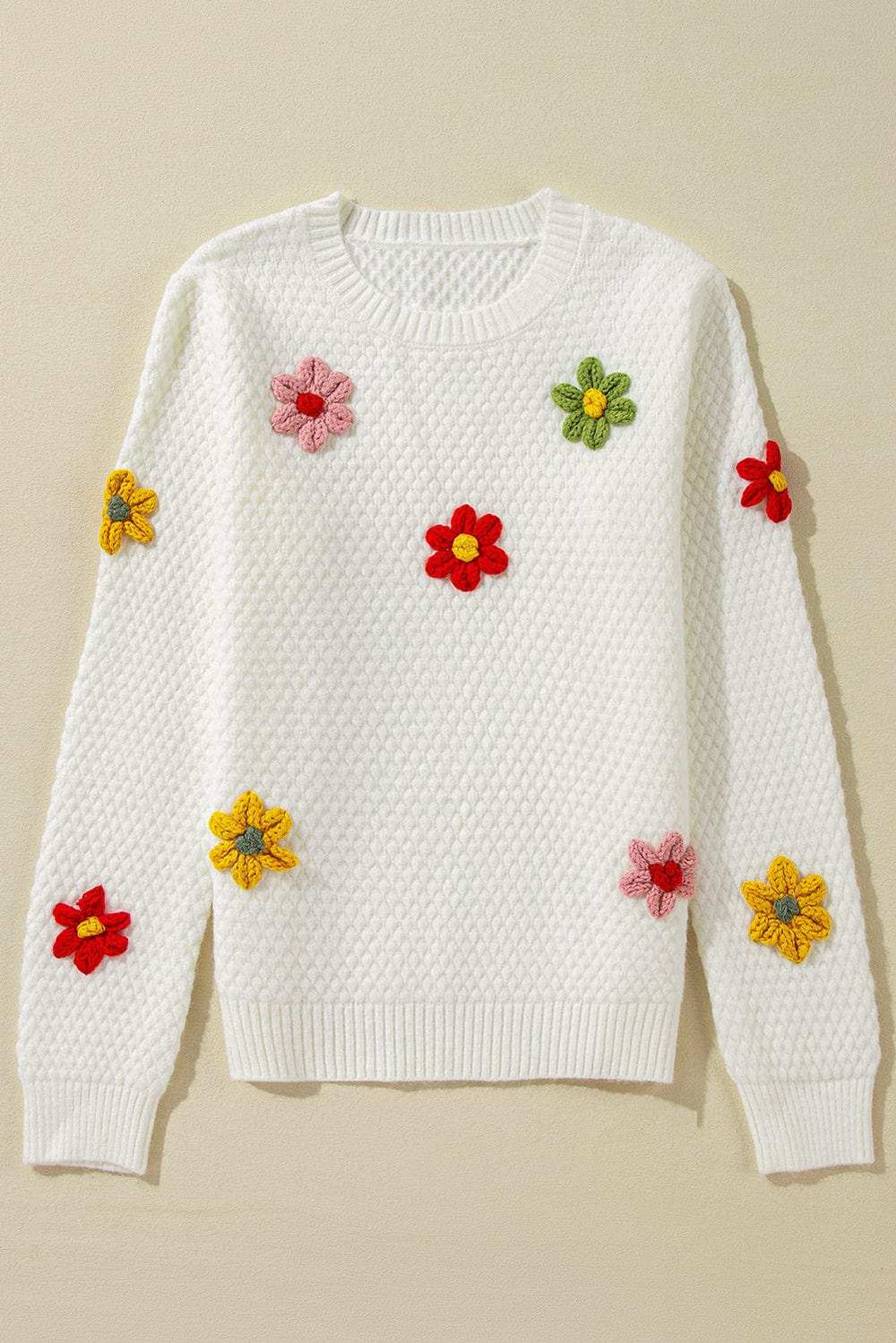 Crochet Flower Round Neck Long Sleeve Sweater - Trendsi - Flyclothing LLC