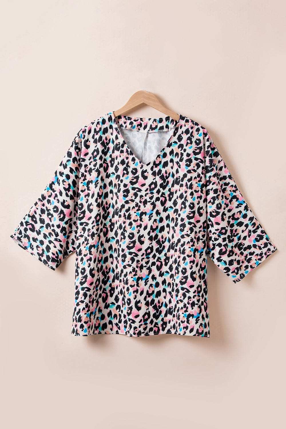 Plus Size Leopard V-Neck Three-Quarter Sleeve Blouse - Trendsi - Flyclothing LLC