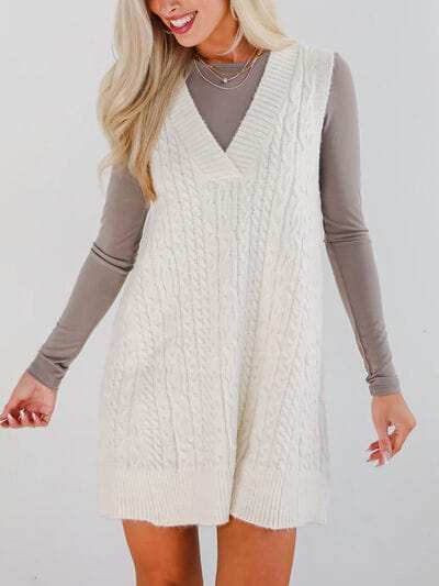 Lovelet Cable Knit V-Neck Mini Sweater Overall Dress - Trendsi - Flyclothing LLC