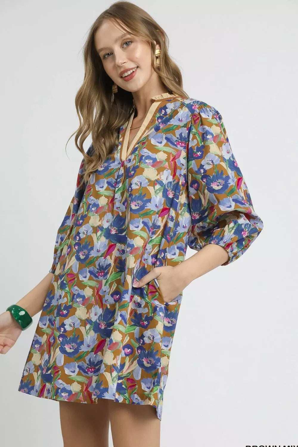 Umgee Boho Floral Balloon Sleeve Mini Dress - Trendsi - Flyclothing LLC