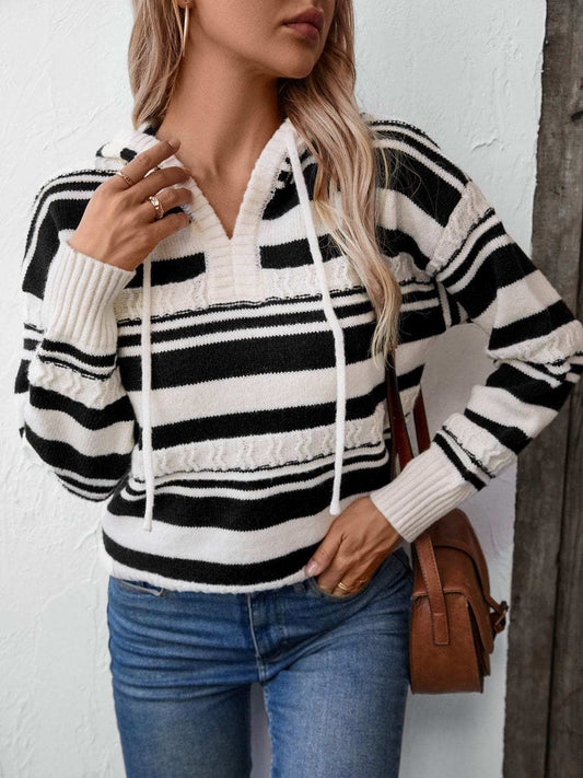 Drawstring Striped Long Sleeve Hooded Sweater - Trendsi - Flyclothing LLC