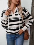 Drawstring Striped Long Sleeve Hooded Sweater - Trendsi - Flyclothing LLC