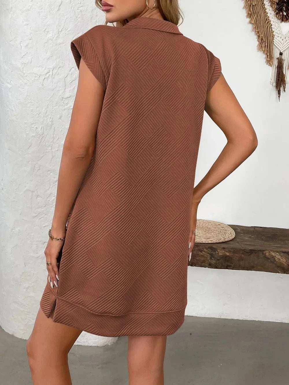 Texture Half Zip Cap Sleeve Mini Dress - Trendsi - Flyclothing LLC