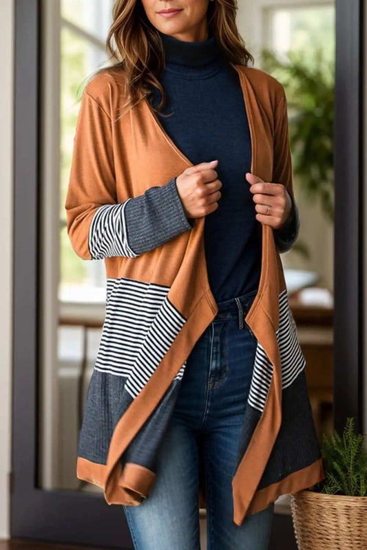 Striped Open Front Long Sleeve Cover Up - Trendsi - Flyclothing LLC