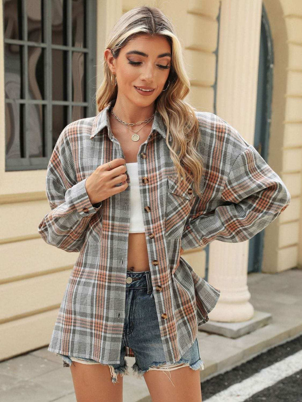 Pocketed Plaid Collared Neck Long Sleeve Shirt - Trendsi - Flyclothing LLC