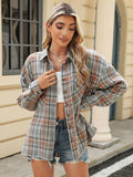 Pocketed Plaid Collared Neck Long Sleeve Shirt - Trendsi - Flyclothing LLC