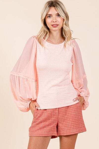 Mittoshop Mixed Media Textured Knit Chiffon Long Sleeve Top - Trendsi - Flyclothing LLC