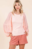 Mittoshop Mixed Media Textured Knit Chiffon Long Sleeve Top - Trendsi - Flyclothing LLC