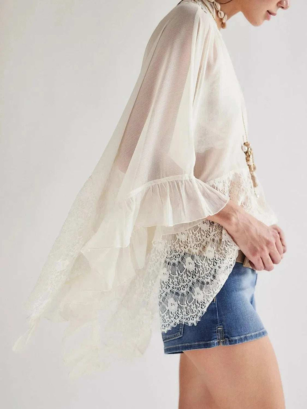 Lace V-Neck Ruffle Long Sleeve Cover-Up - Trendsi - Flyclothing LLC