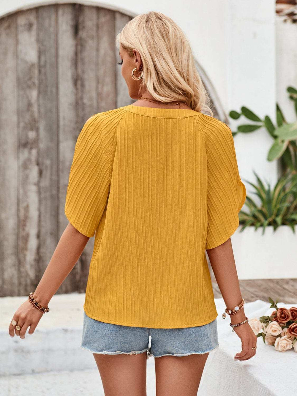 Notched Slit Half Sleeve Blouse - Trendsi - Flyclothing LLC