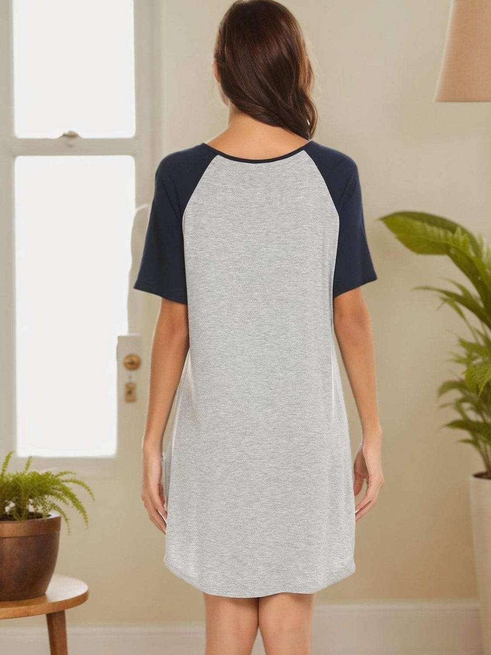 Round Neck Short Sleeve Contrast Lounge Dress - Trendsi - Flyclothing LLC