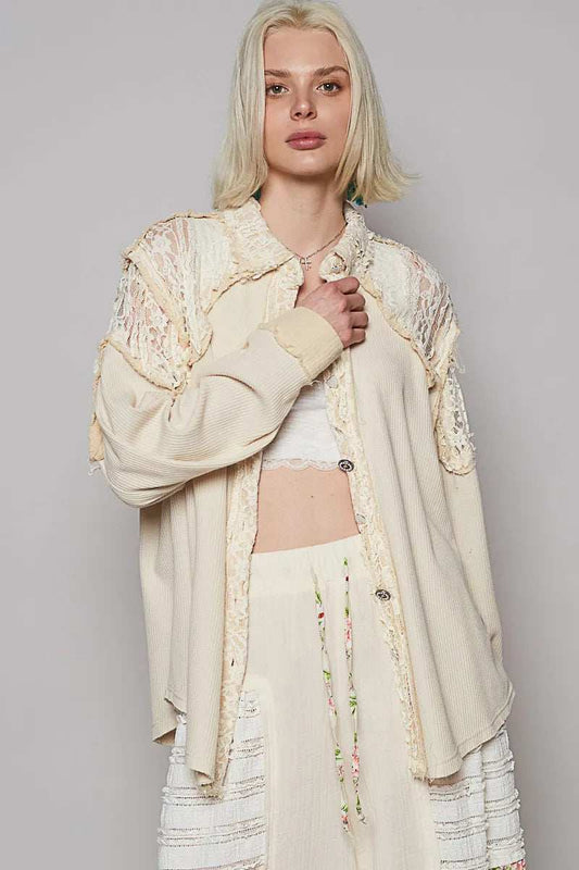 POL Lace Patchwork Button Up Shacket - Trendsi - Flyclothing LLC