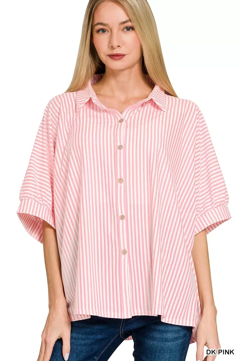 Zenana Oversized Stripe Button Down Shirt - Trendsi - Flyclothing LLC
