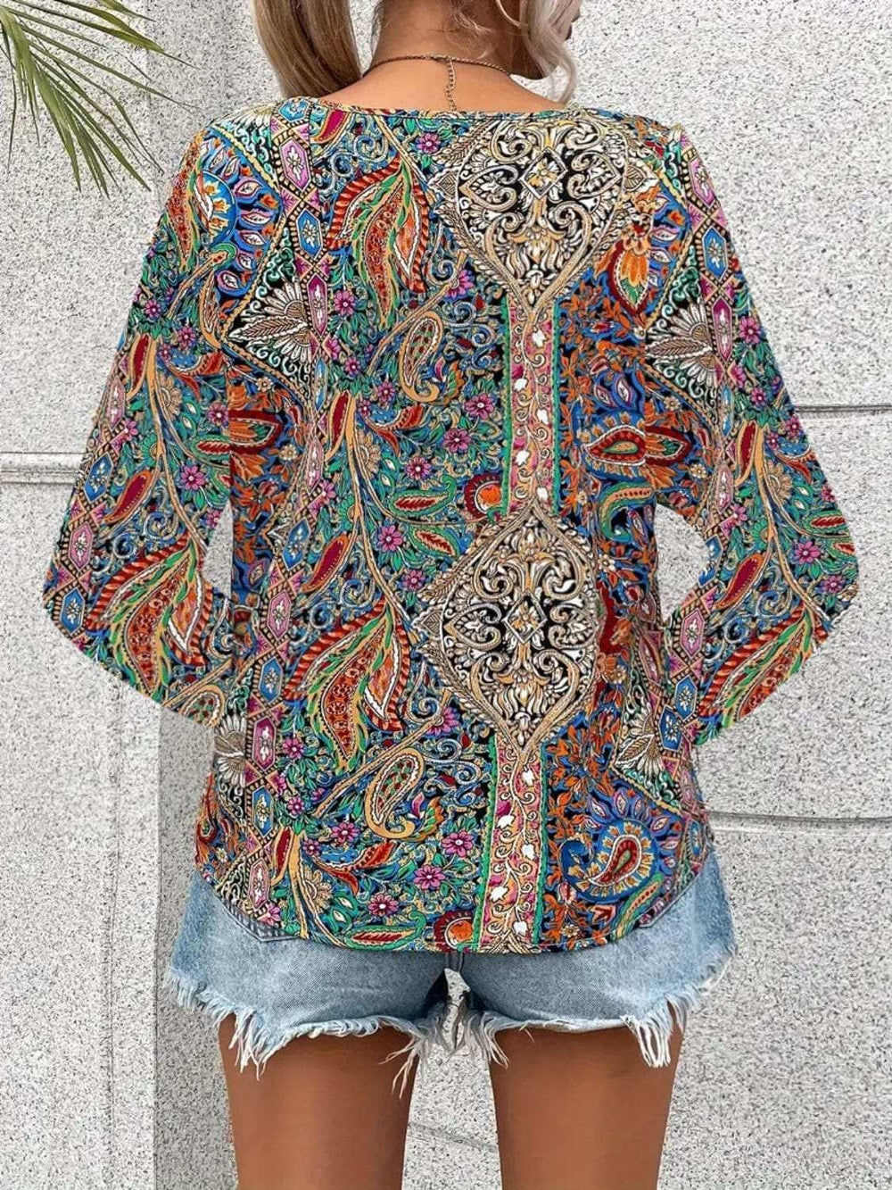 Printed V-Neck Long Sleeve Blouse - Trendsi - Flyclothing LLC