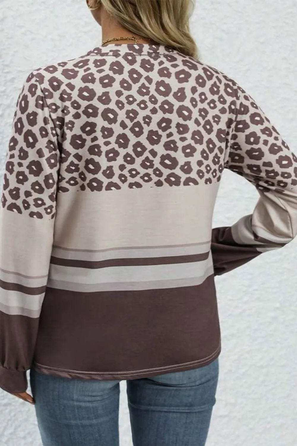 Plus Size Leopard Round Neck Long Sleeve Top - Trendsi - Flyclothing LLC