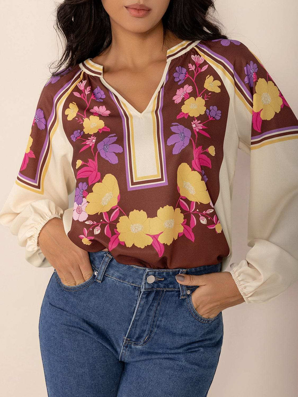 Printed Notched Long Sleeve Blouse - Trendsi - Flyclothing LLC