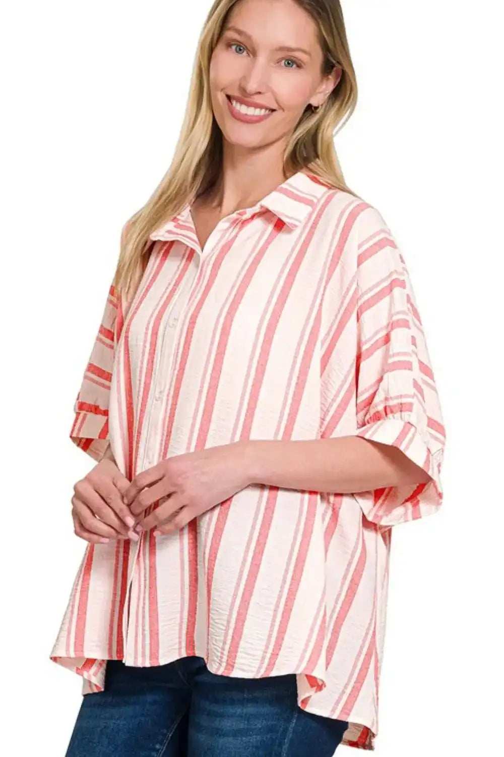 Zenana Woven Yarn-Dye Stripe Oversized Button Down Shirt - Trendsi - Flyclothing LLC
