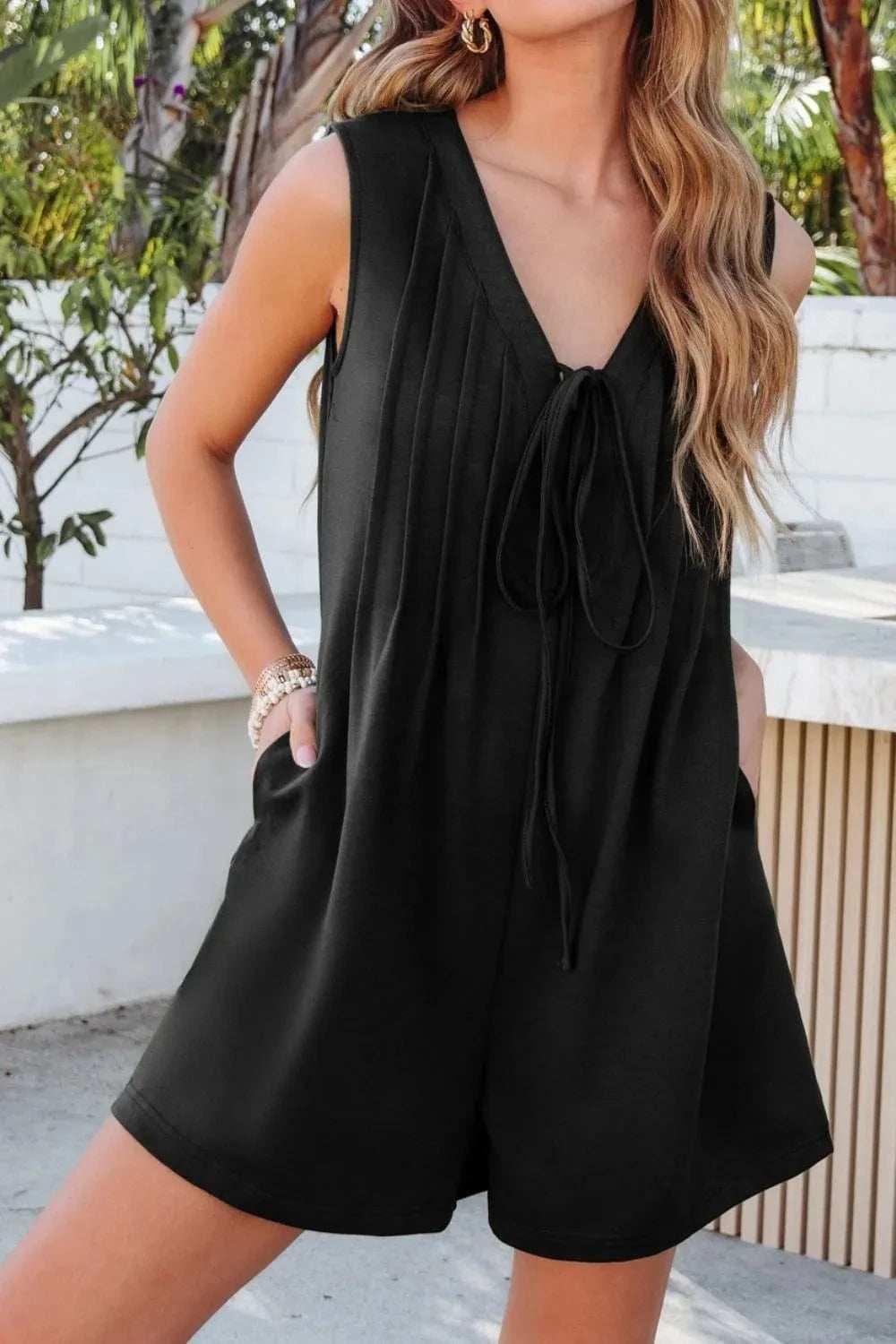 Tie V Neck Pintuck Sleeveless Loose Romper - Trendsi - Flyclothing LLC