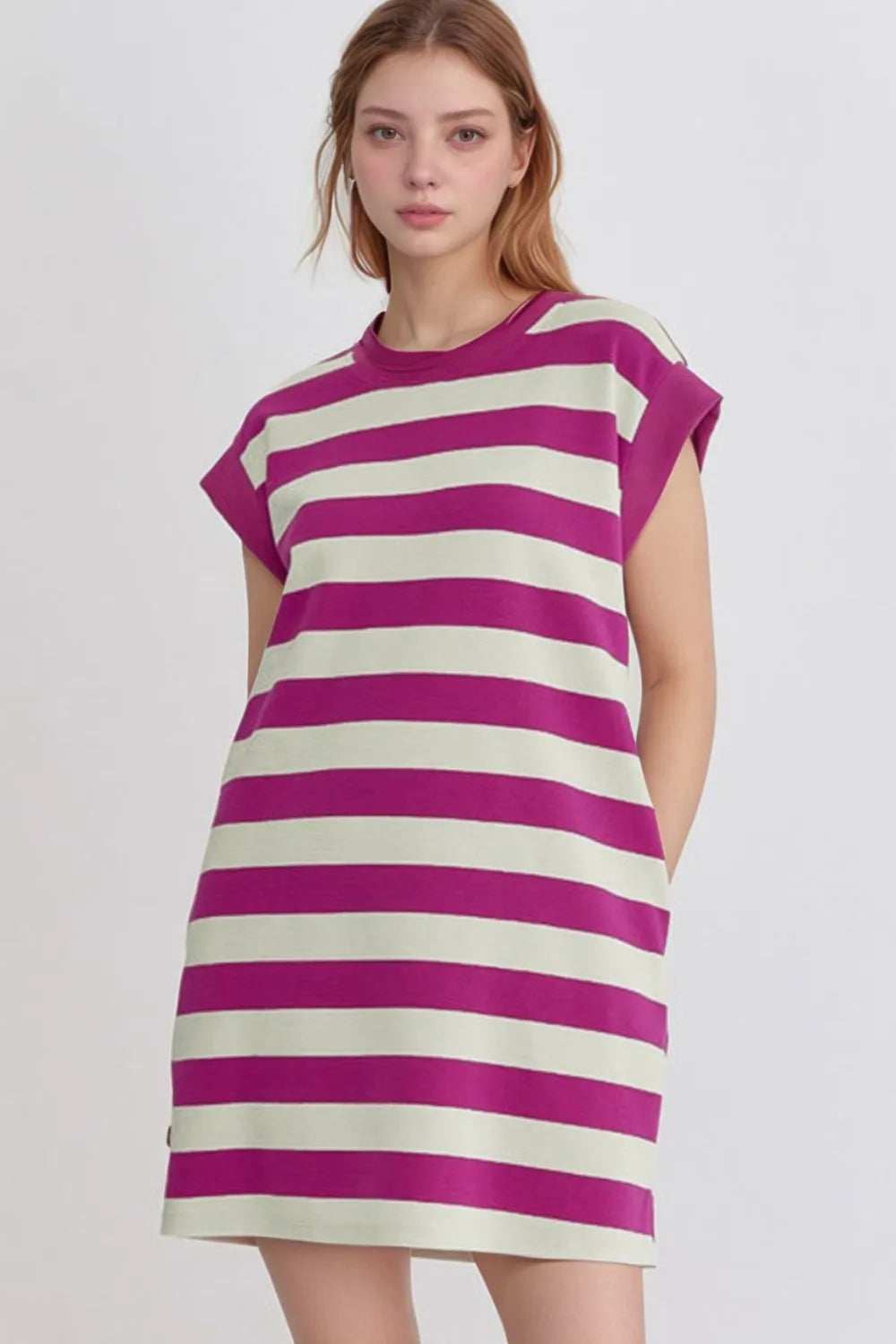 Stripe Cap Sleeve Pocketed Shift Tee Dress - Trendsi - Flyclothing LLC